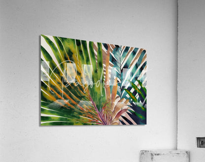 Vibrant tropical palms artwork with green and orange leaves on a glossy acrylic panel for wall decor