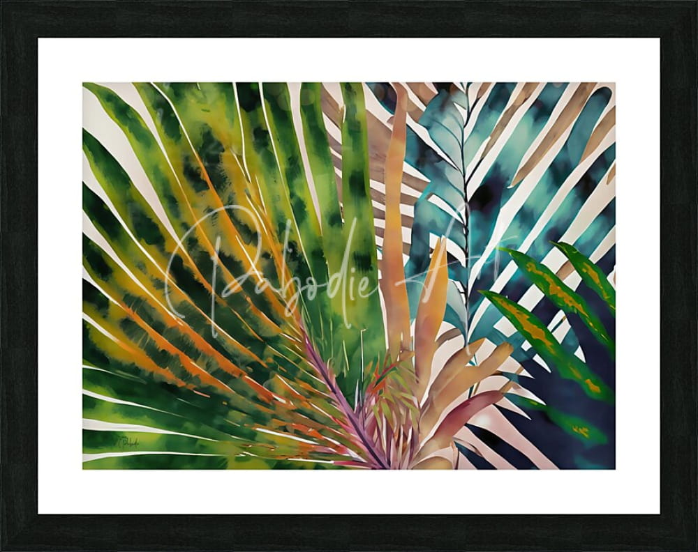 A vibrant watercolor painting of tropical palms with green teal orange and purple foliage in a black frame titled tropical palms II