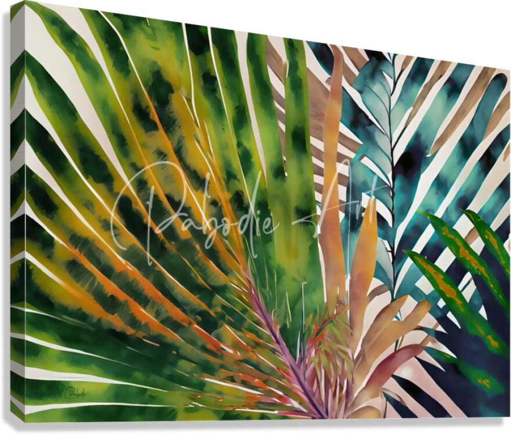 Vibrant watercolor canvas print tropical palms ii featuring tropical foliage in green yellow purple with bold white streaks