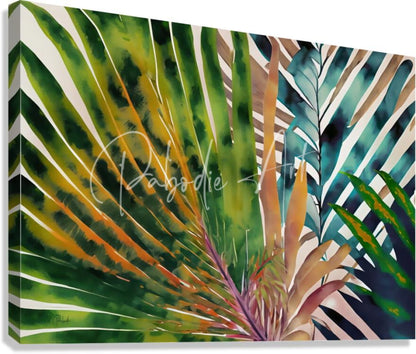 Vibrant watercolor canvas print tropical palms ii featuring tropical foliage in green yellow purple with bold white streaks
