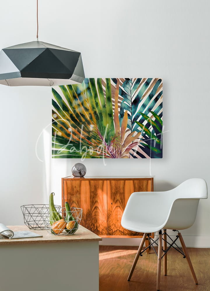 Tropical palms II vibrant tropical leaf artwork in a modern geometric frame with lush greens and earthy tones