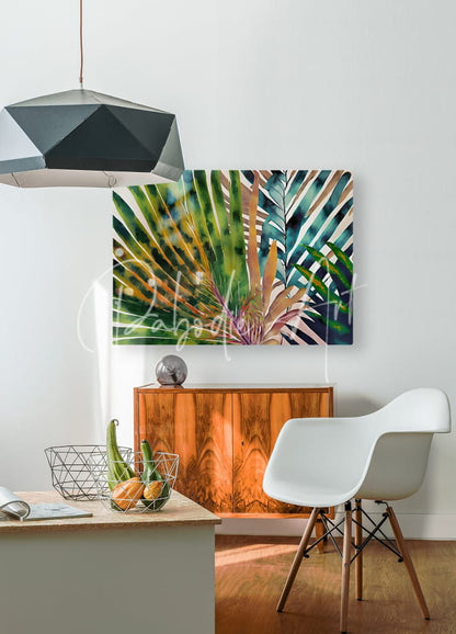 Tropical palms II vibrant tropical leaf artwork in a modern geometric frame with lush greens and earthy tones