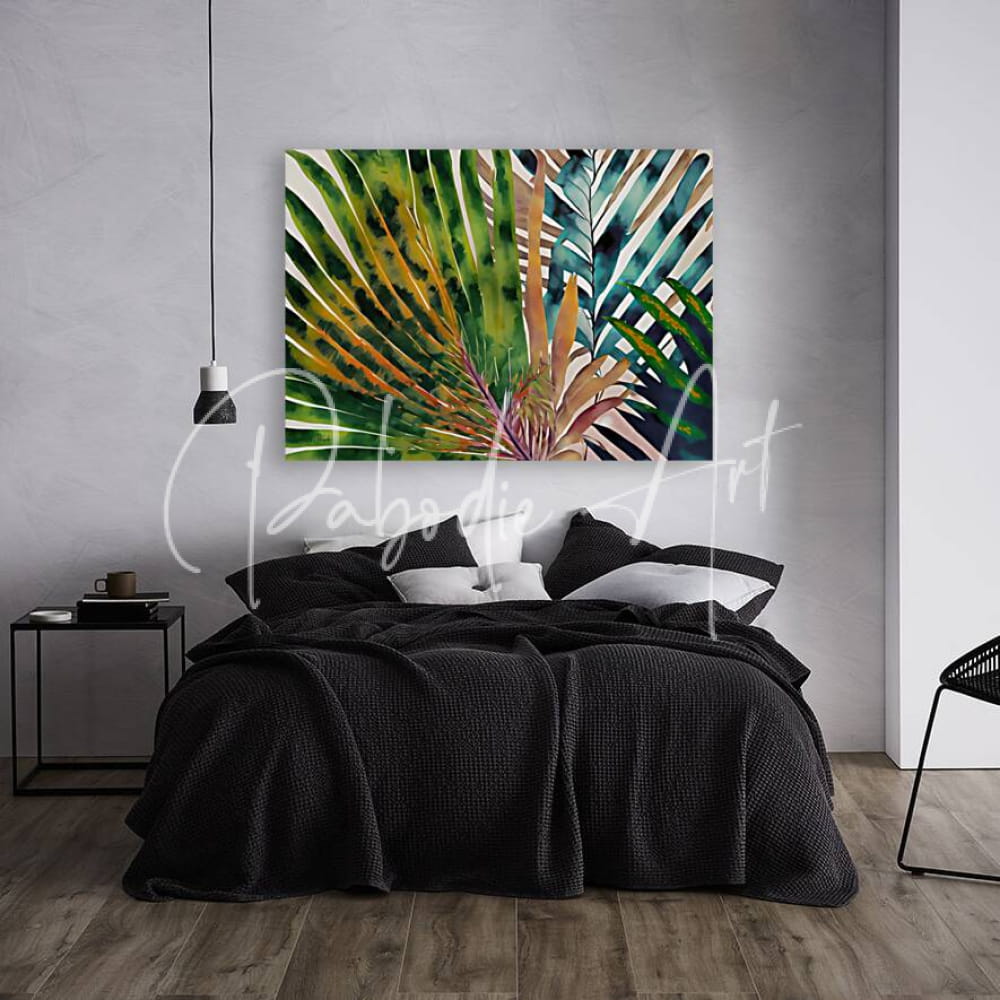 Vibrant watercolor painting tropical palms II featuring green yellow and teal palm leaves hanging above a bed