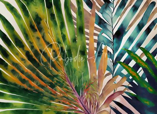 Vibrant watercolor painting titled Tropical Palms II featuring tropical foliage in rich greens golds and deep blues