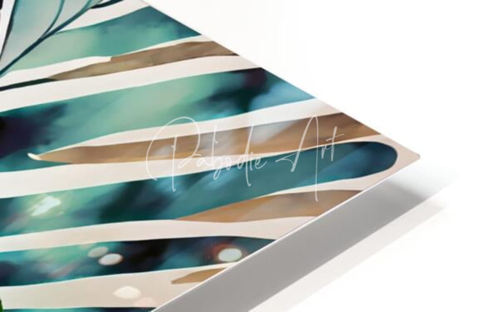 A triangular tropical palms II art print with abstract horizontal stripes in teal white and gold colors