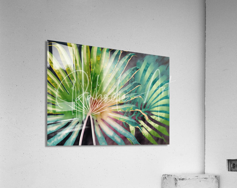 Tropical palms iii vibrant green and teal palm leaf artwork on clear acrylic print for modern wall decor