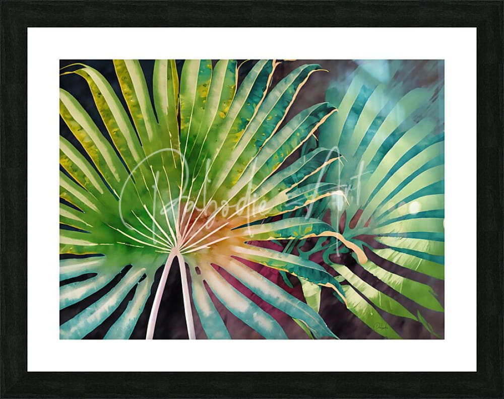 Framed watercolor painting tropical palms III featuring vibrant green and teal palm fronds with a white mat