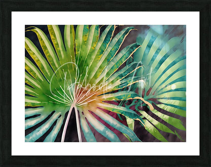 Framed watercolor painting tropical palms III featuring vibrant green and teal palm fronds with a white mat