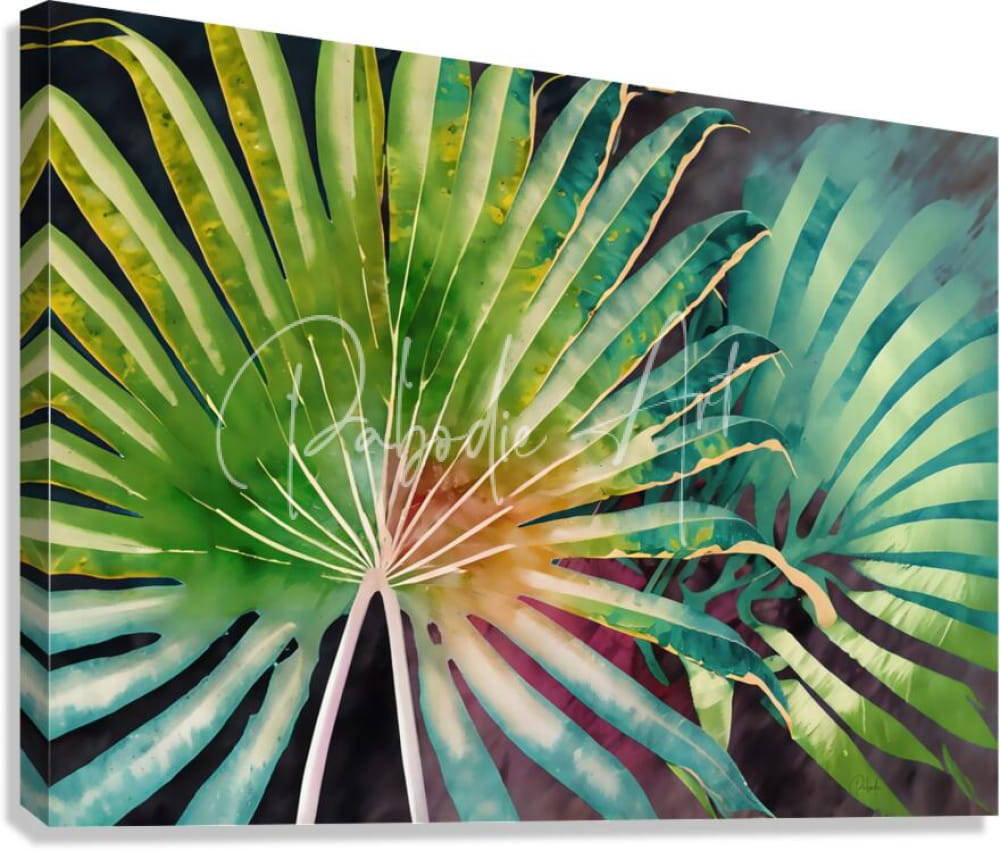 Vibrant tropical palms iii watercolor painting on stretched canvas with bold greens teal and subtle gold accents