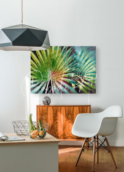 Tropical palms iii pendant light with vibrant green palm leaf artwork on modern black geometric metal frame