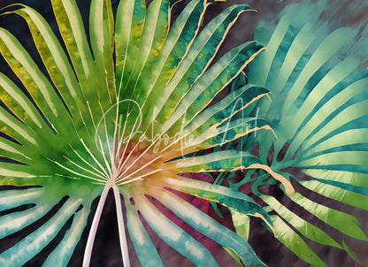 Vibrant watercolor painting of tropical palms iii featuring green teal and yellow palm fronds on canvas wall art