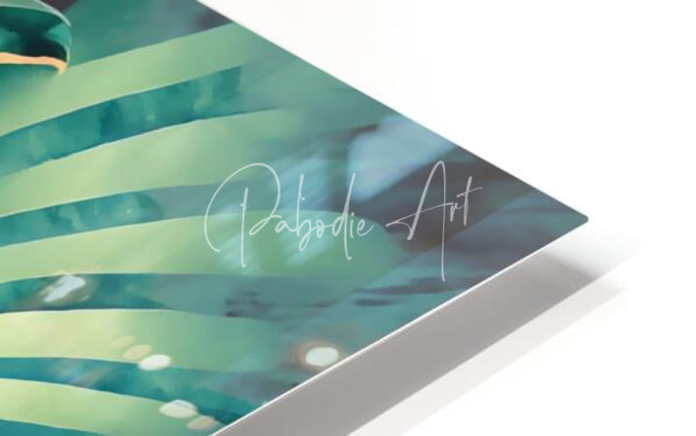 Tropical palms iii teal and green abstract leaf striped watercolor art in a white frame with palbodie art silver script