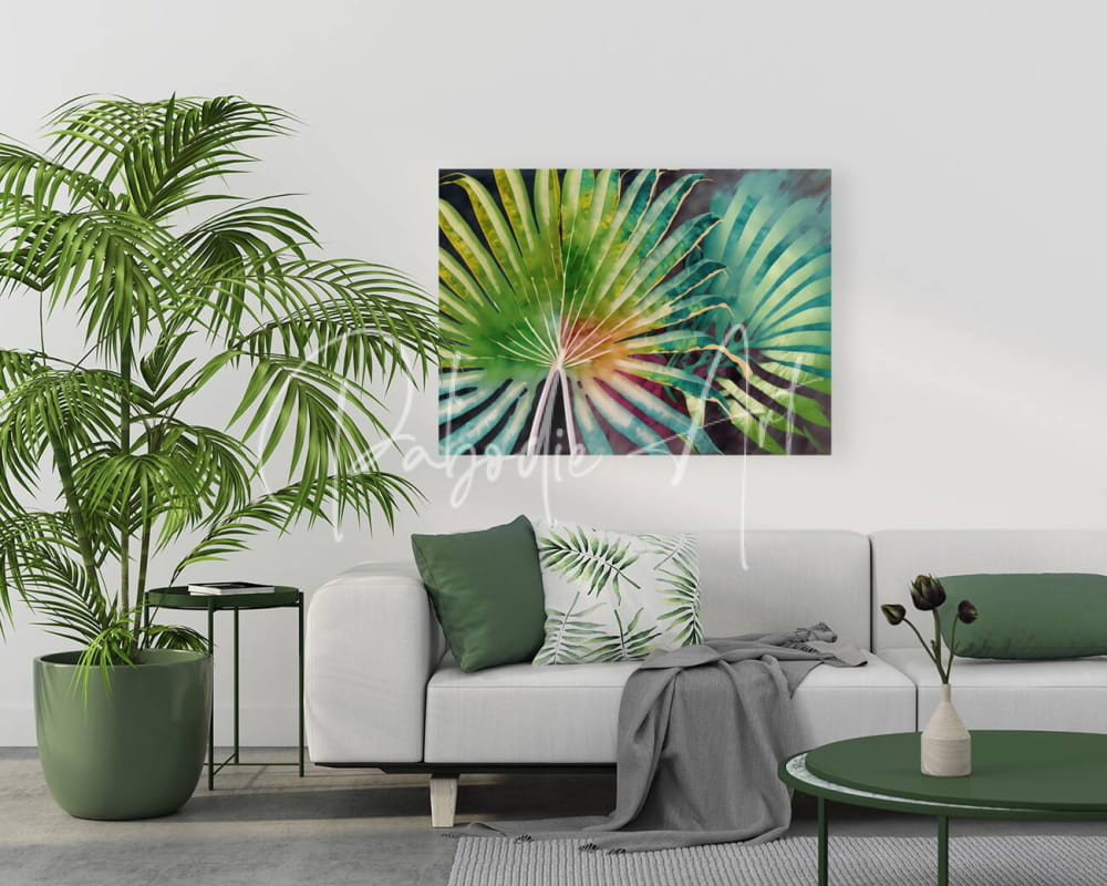 Vibrant abstract palm leaf canvas painting tropical palms iii with radiating green yellow and teal hues