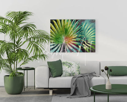 Vibrant abstract palm leaf canvas painting tropical palms iii with radiating green yellow and teal hues