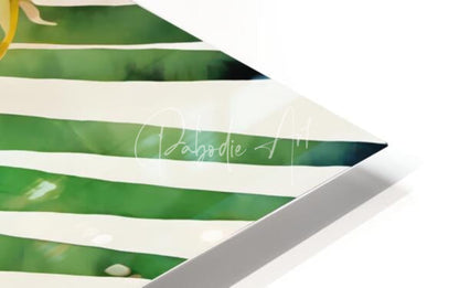 A green and white striped paper gift bag with a watercolor tropical palms i design