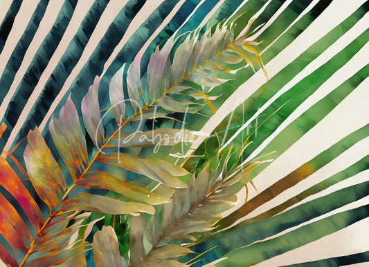 A vibrant tropical palms i watercolor painting featuring green gold and soft pink fern leaves with bold diagonal stripes