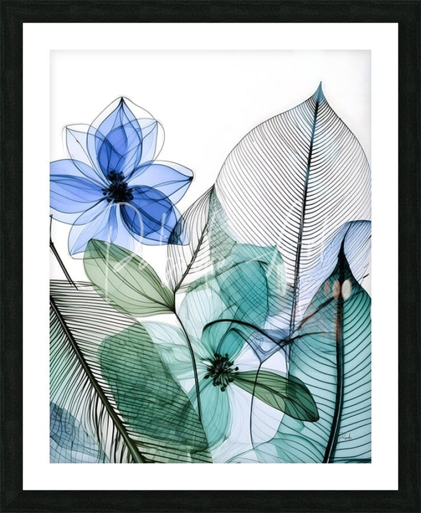 A framed botanical art print featuring translucent blue and green floral and leaf motifs with delicate line details