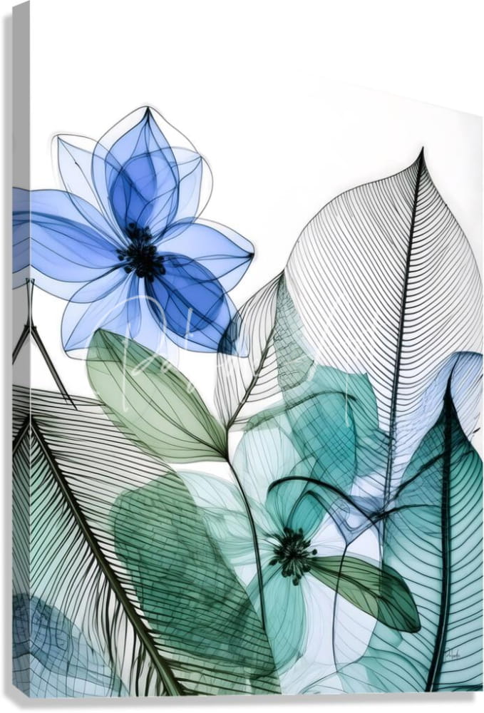 A canvas print titled tropical patterns II with translucent blue and green floral x-ray style designs