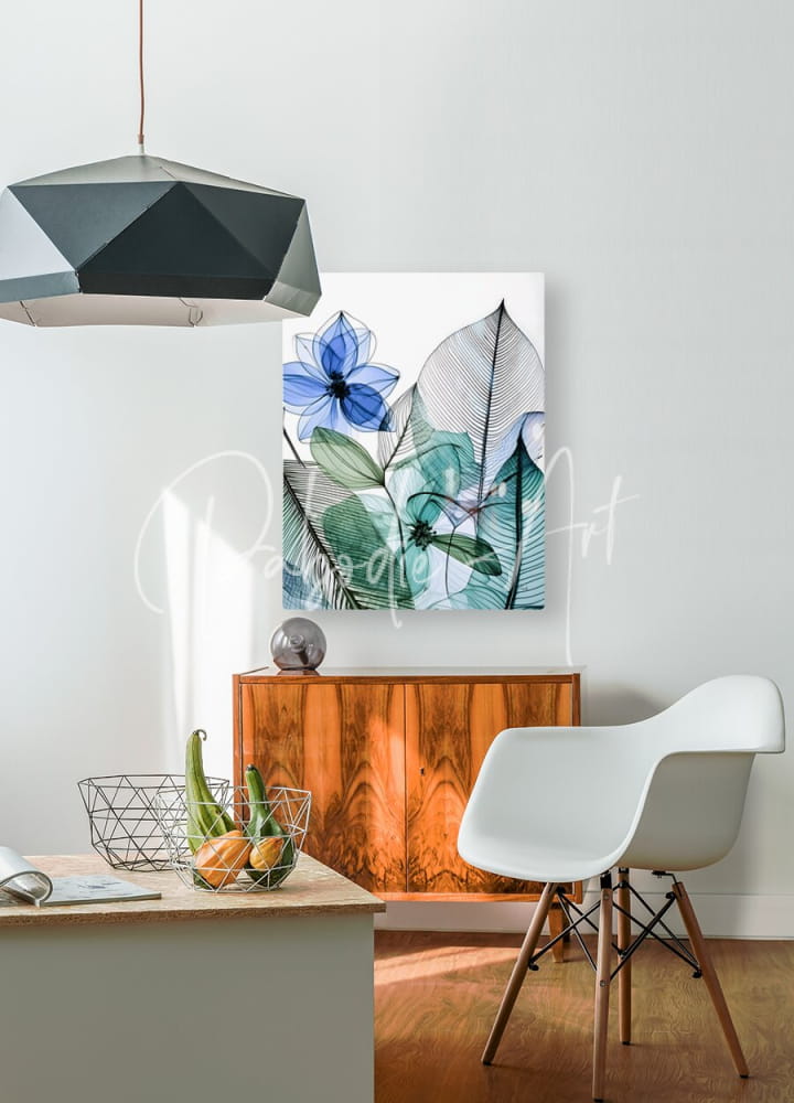 Blue and green botanical artwork on white canvas from tropical patterns ii wall decor with vibrant leaf designs