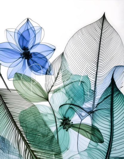 Blue and green x-ray style floral artwork with translucent petals and detailed leaf veins in tropical patterns II design