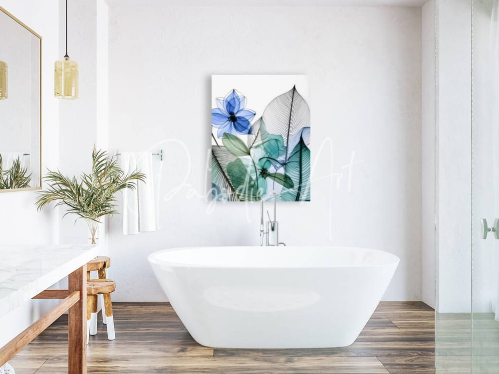 A modern white freestanding bathtub with a sleek oval shape and chrome faucet featured in tropical patterns II