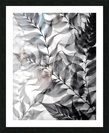 Black-framed art print tropical transparencies iv with abstract grayscale botanical leaves and subtle blue pink highlights