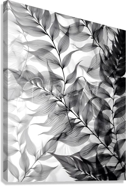 Black and white x-ray style leaf pattern canvas print titled tropical tranparencies IV for wall decor