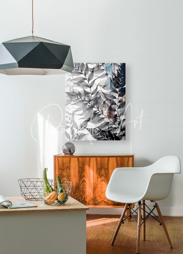 Black and white botanical canvas print tropical tranparencies iv with intricate leaf patterns and subtle blue accents