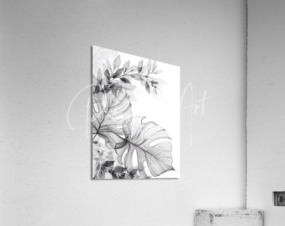 Black and white botanical print of monstera leaves on a sleek acrylic panel in tropical transparencies i design