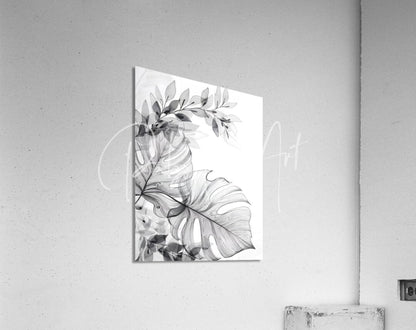 Black and white botanical print of monstera leaves on a sleek acrylic panel in tropical transparencies i design