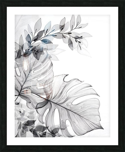 Black-framed botanical art print tropical transparencies i featuring layered grayscale monstera leaves with blue accents