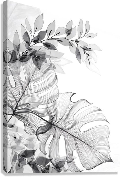 Black and white botanical canvas print featuring layered monstera leaves with delicate vein detailing titled tropical transparencies i