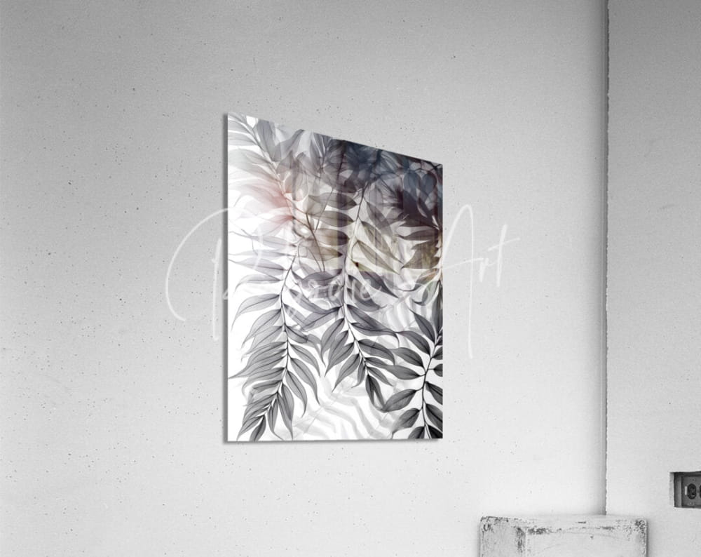 A rectangular acrylic print titled tropical transparencies iii featuring a monochromatic botanical fern leaf design with gradient tones