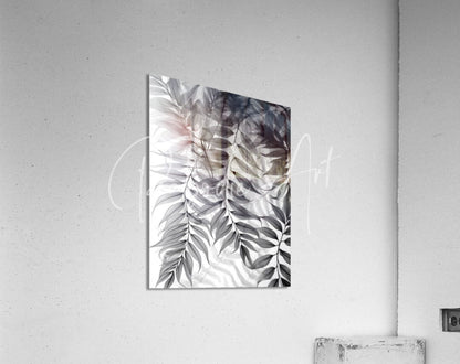 A rectangular acrylic print titled tropical transparencies iii featuring a monochromatic botanical fern leaf design with gradient tones