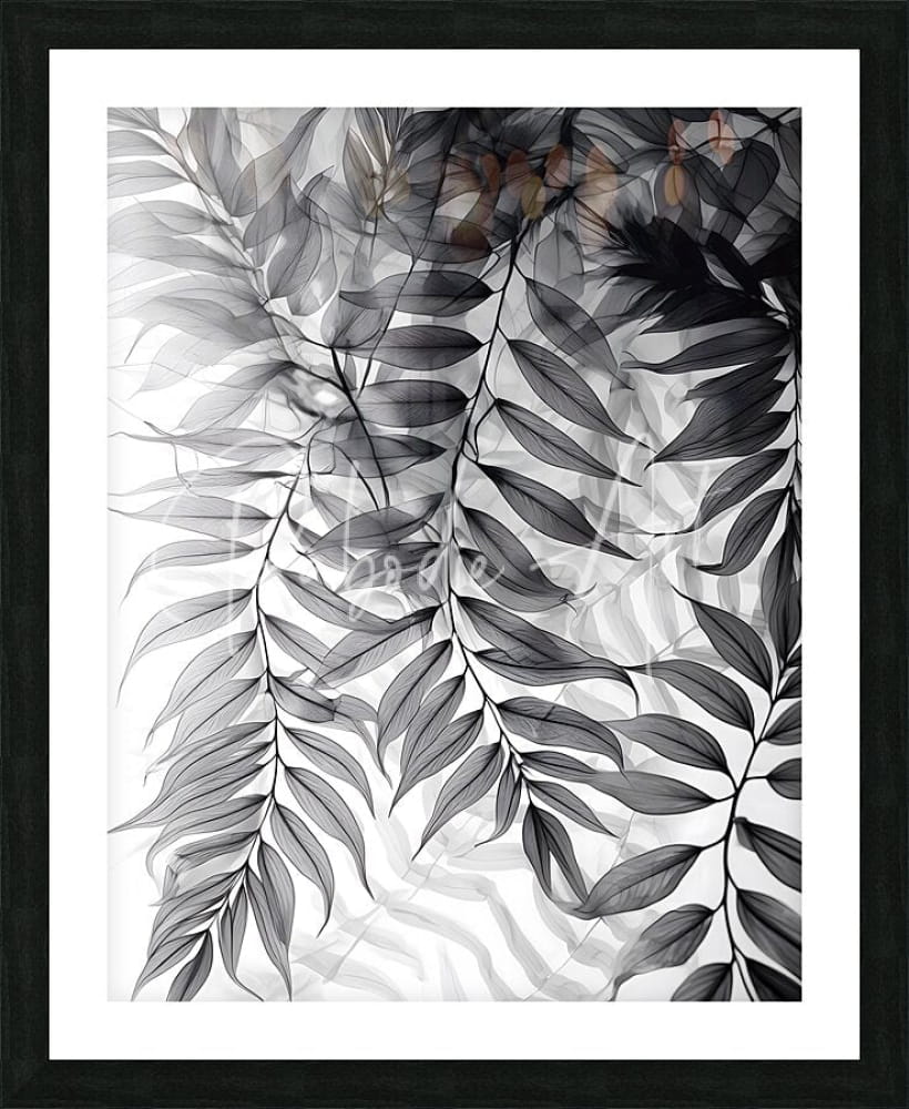 Black-framed art print tropical transparencies iii with delicate layered fern leaves in grayscale and warm brown accents