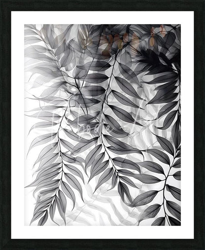 Black-framed art print tropical transparencies iii with delicate layered fern leaves in grayscale and warm brown accents
