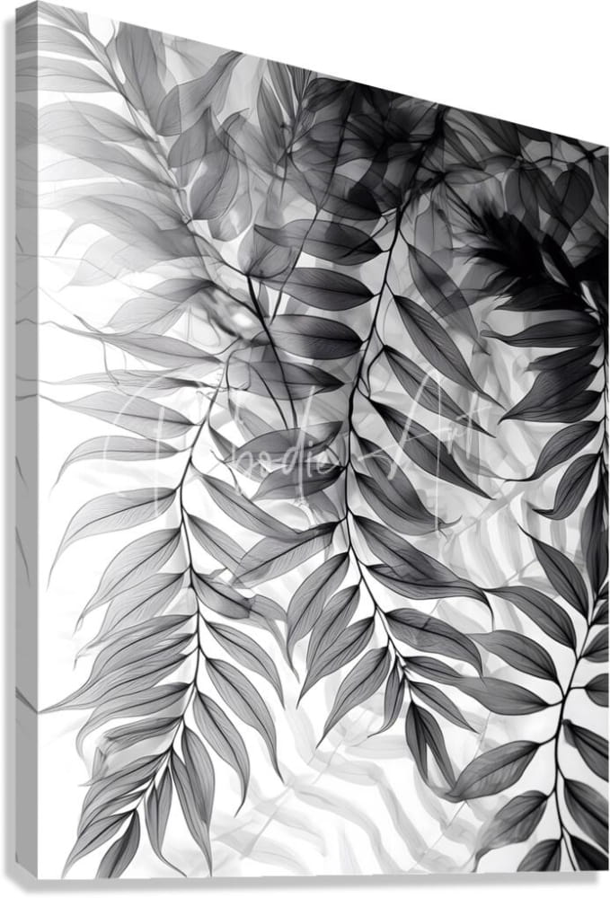 Black and white x-ray style canvas print featuring delicate fern leaves titled tropical transparencies III
