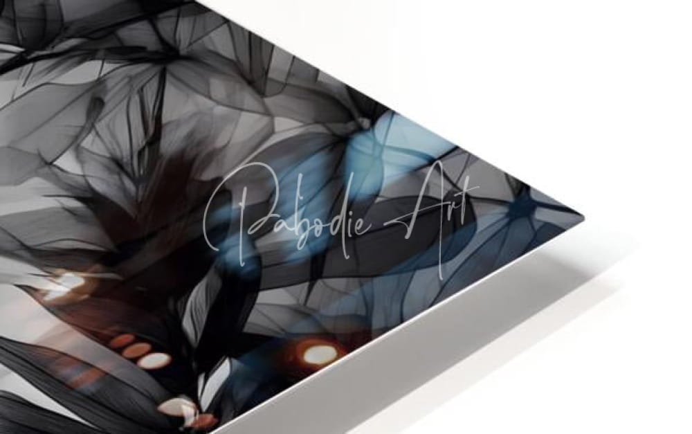 A sleek modern framed art print tropical transparencies III with abstract botanical design in deep blues and grays