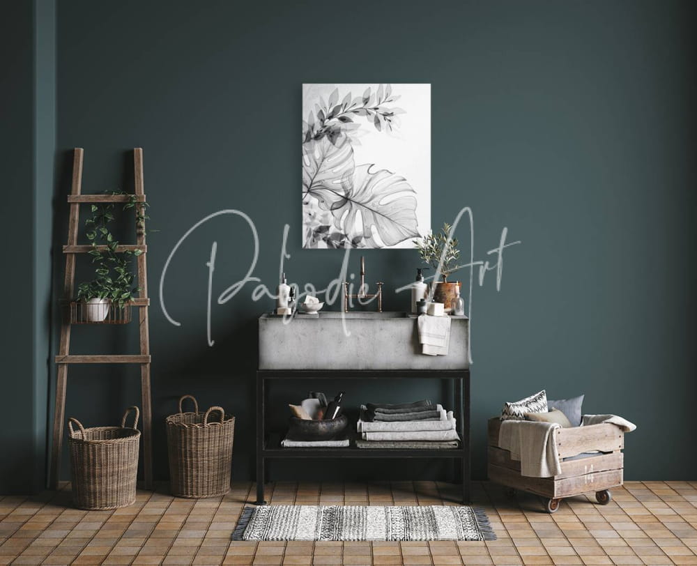 Black and white botanical print canvas art tropical transparencies i hanging on dark green wall