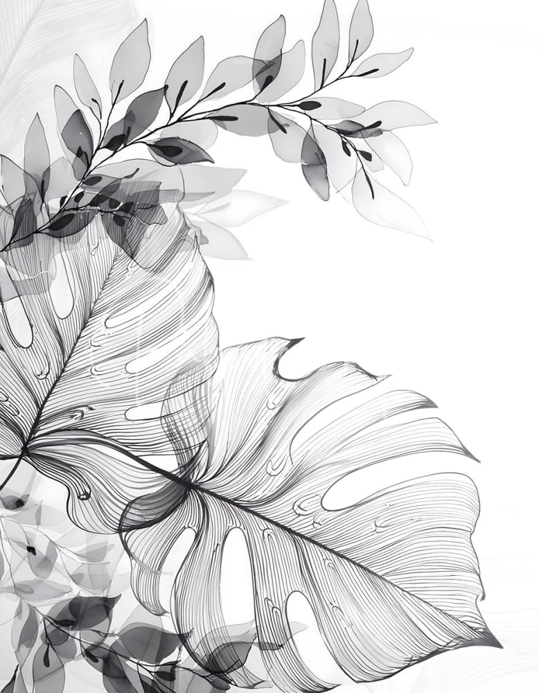 Delicate monstera leaf illustration in grayscale with fine line art and layered transparency in tropical transparencies i
