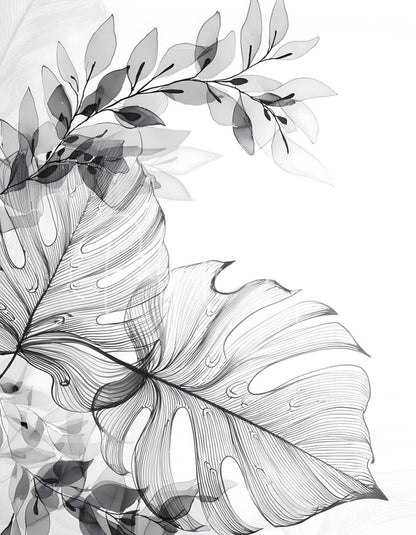 Delicate monstera leaf illustration in grayscale with fine line art and layered transparency in tropical transparencies i