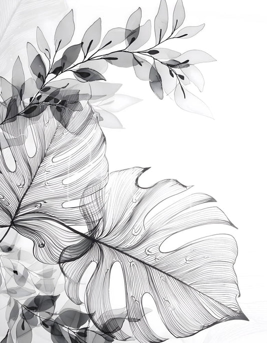 Delicate monstera leaf illustration in grayscale with fine line art and layered transparency from tropical transparencies I