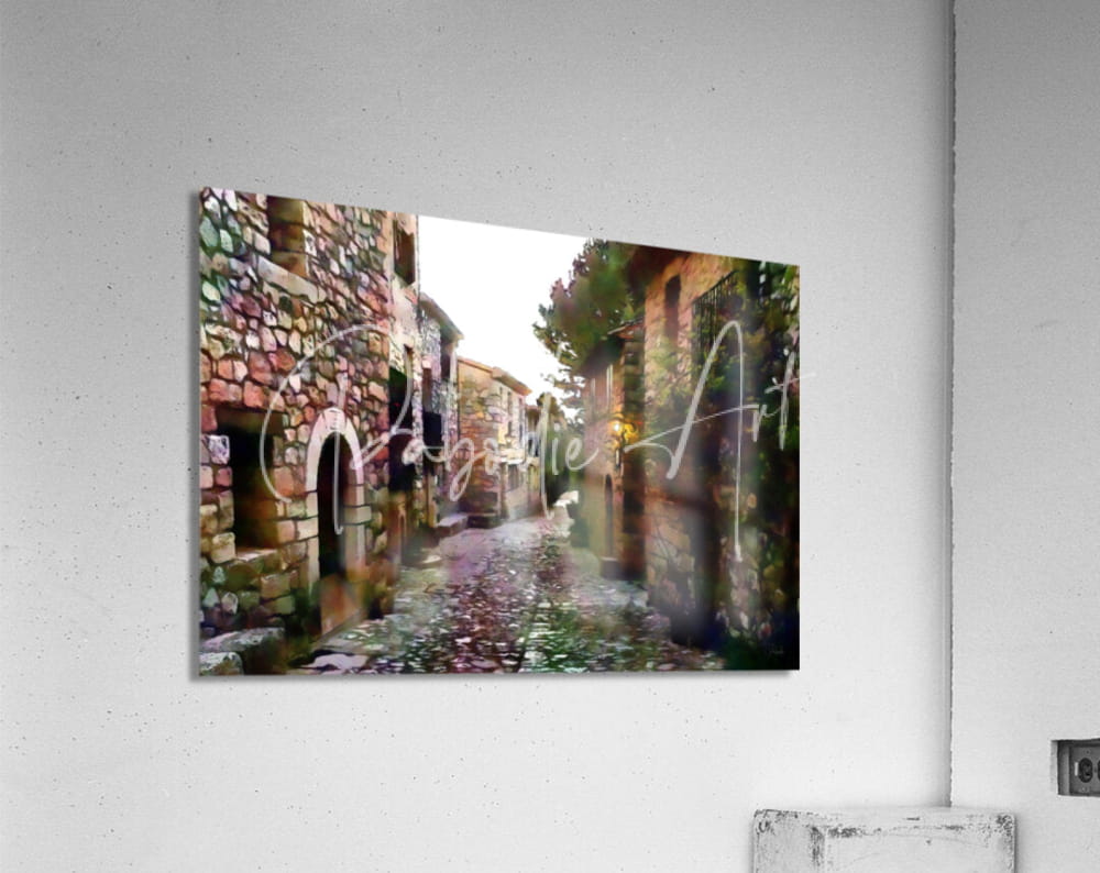 A rectangular acrylic print of tuscany cobblestone streets and homes with rustic stone buildings in soft earthy tones