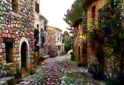 A charming tuscany cobblestone street with rustic stone buildings and warm-toned arched doorways