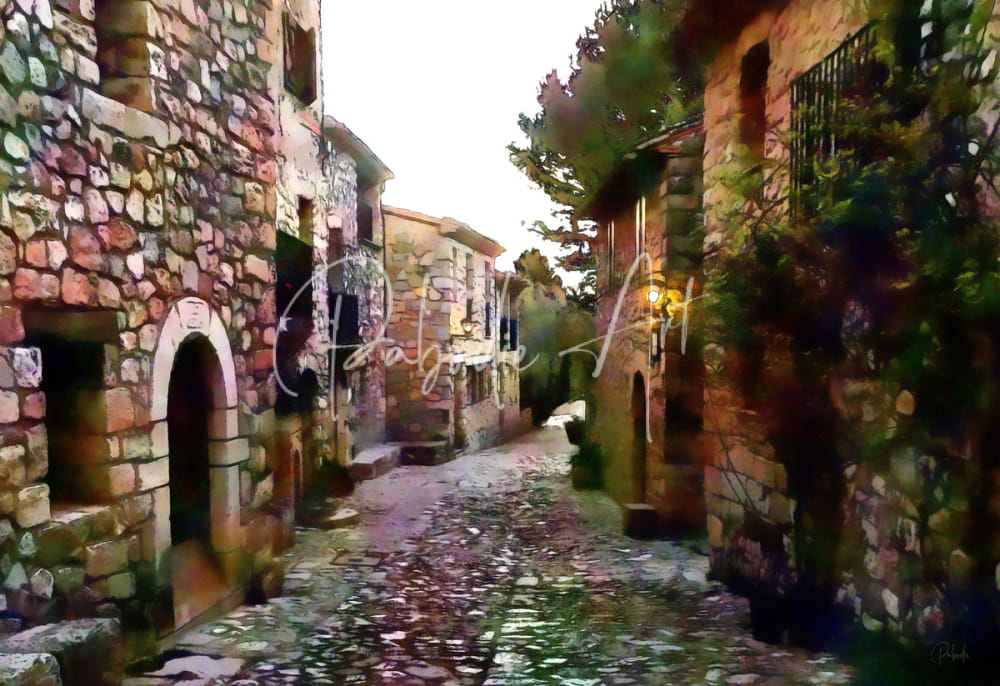 A charming Tuscany cobblestone street with rustic stone buildings and warm-toned arched doorways