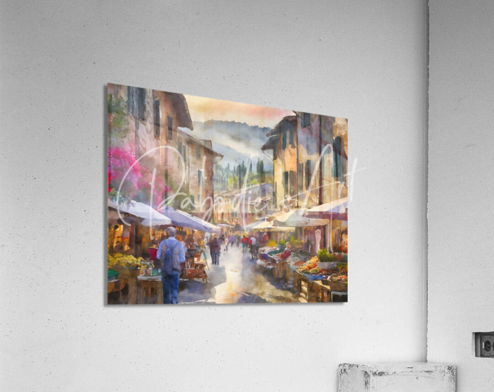 Watercolor painting of a sunlit european market street featuring warm tones and vibrant stalls for tuscany farmers market