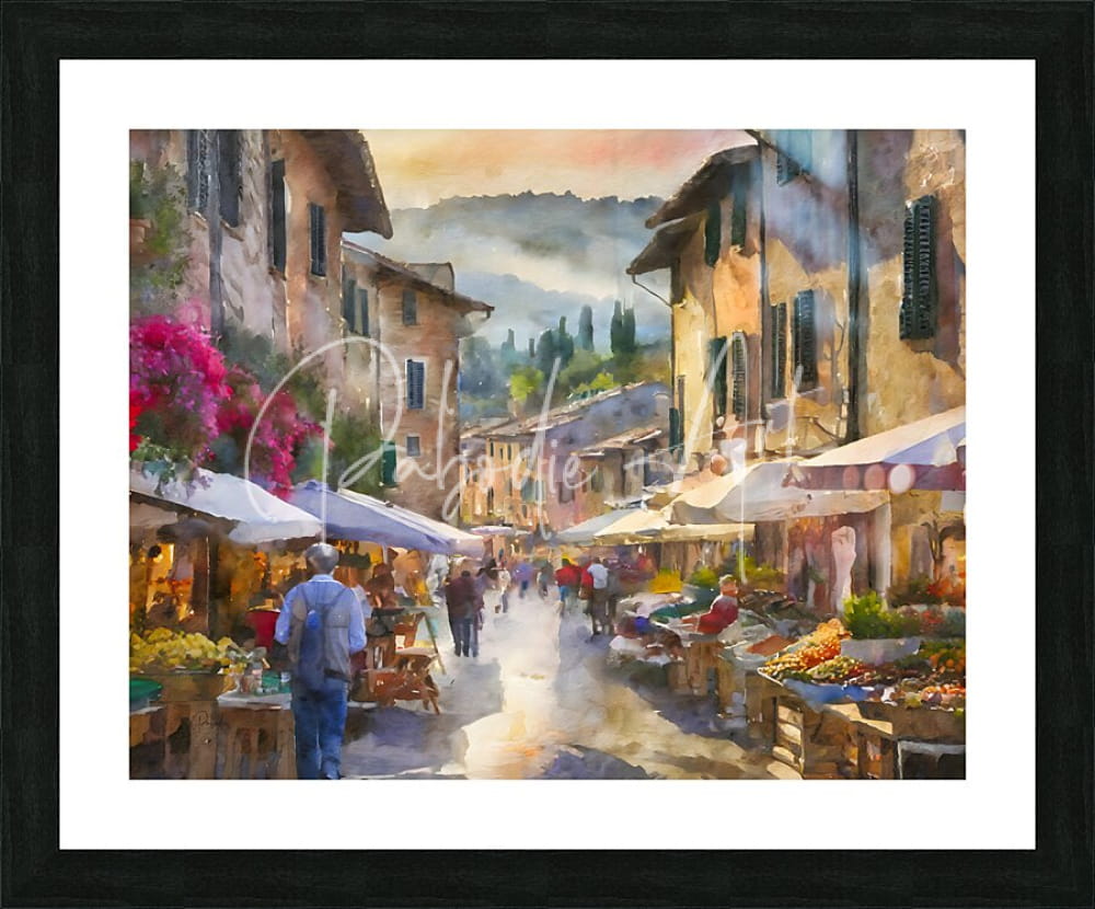 Watercolor painting of a sunlit european market street in a black frame titled tuscany farmers market