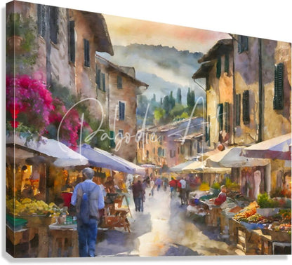 Watercolor painting of a sunlit tuscany farmers market street with warm stone buildings pink flowers and white umbrellas
