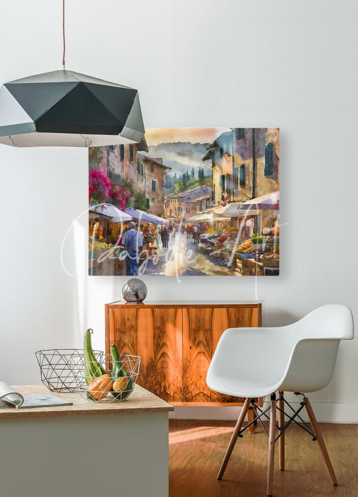 Watercolor painting of a vibrant italian farmers market scene with warm tones and detailed tuscany architecture