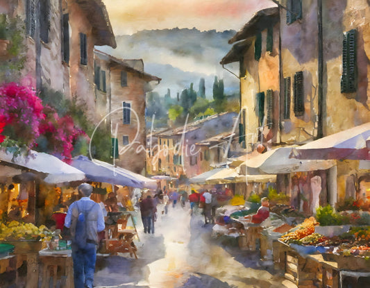 Watercolor painting of a sunlit Italian village street market with vibrant pink flowers and colorful umbrellas
